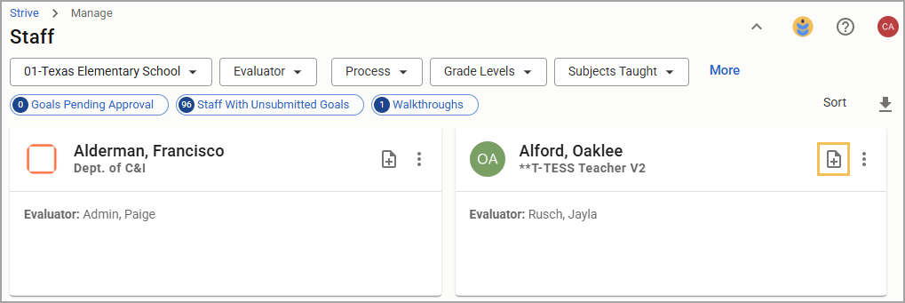 Staff management interface showing staff members and the Quick Start a Document icon.